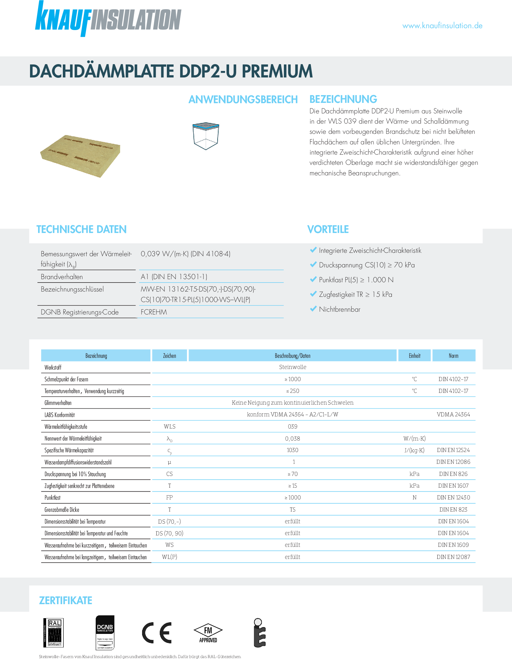 Datenblatt Knauf Insulation Dachdämmplatte DDP2-U Premium