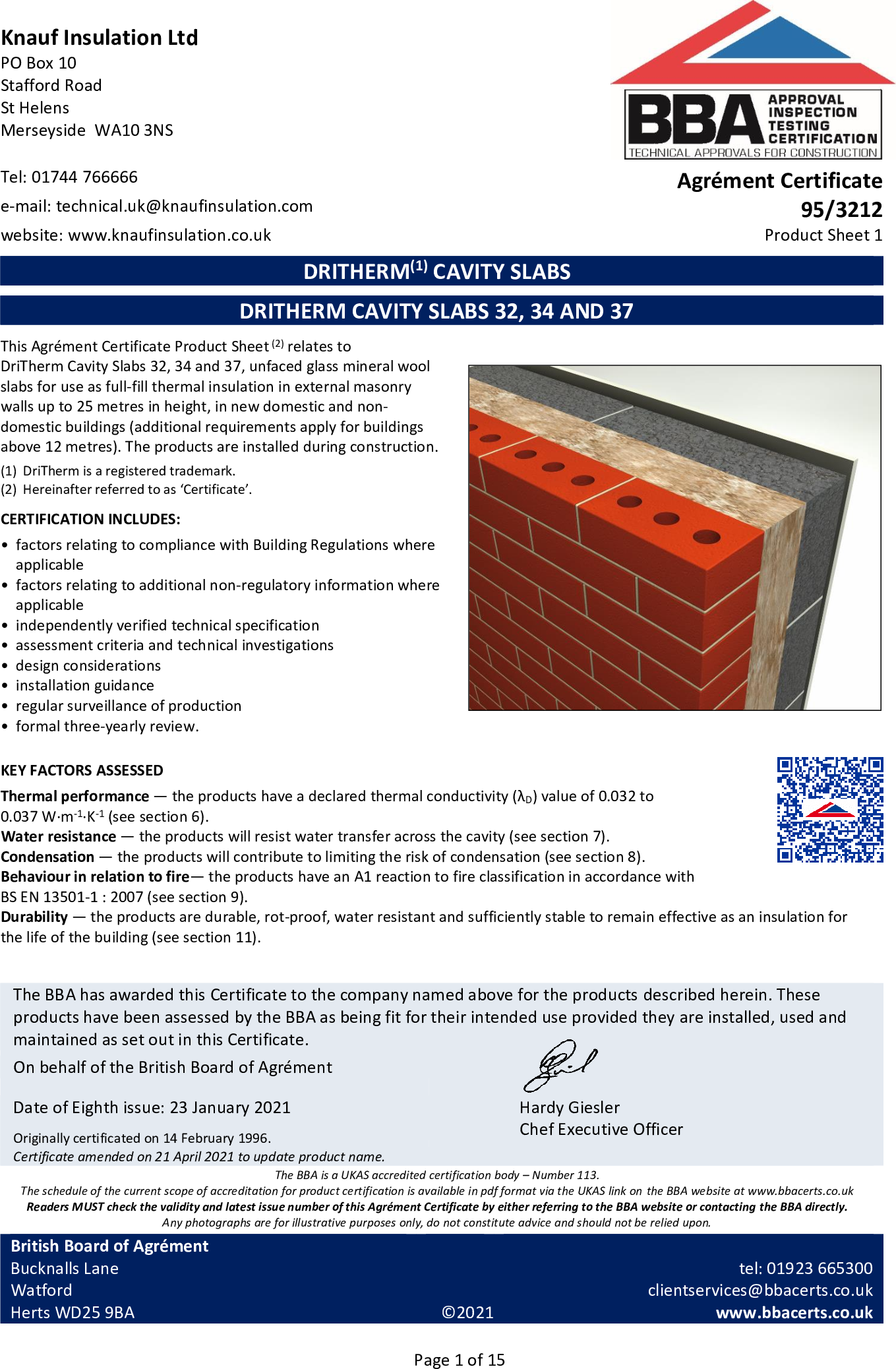 DriTherm Cavity Wall Slabs - BBA Certificate - 95/3212