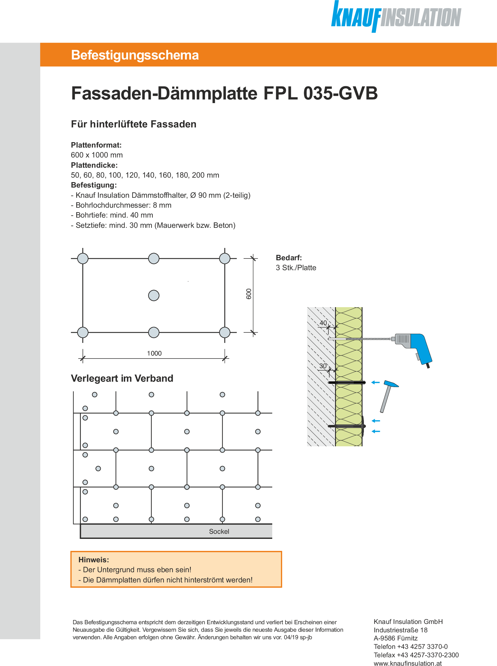 Fassaden-Dämmplatte FPL 035 -GVB, Befestigungsschema