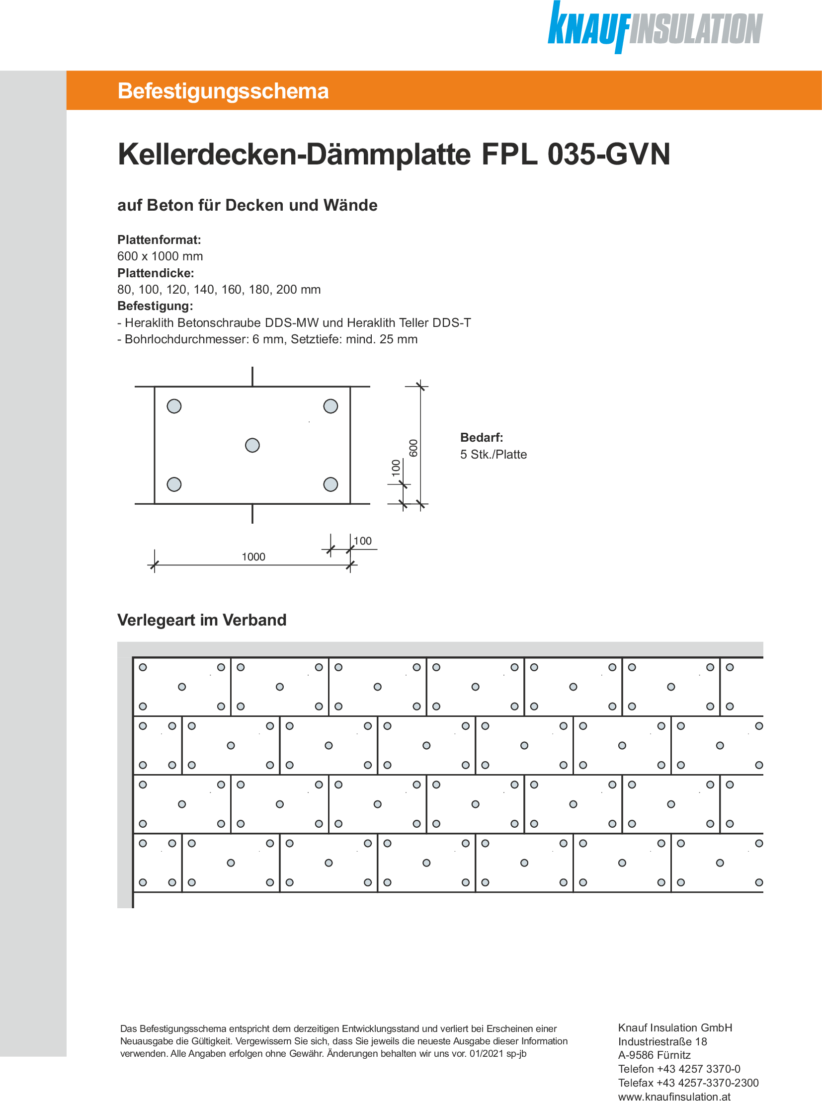 Kellerdecken-Dämmplatte FPL 035-GVN, Befestigungsschema