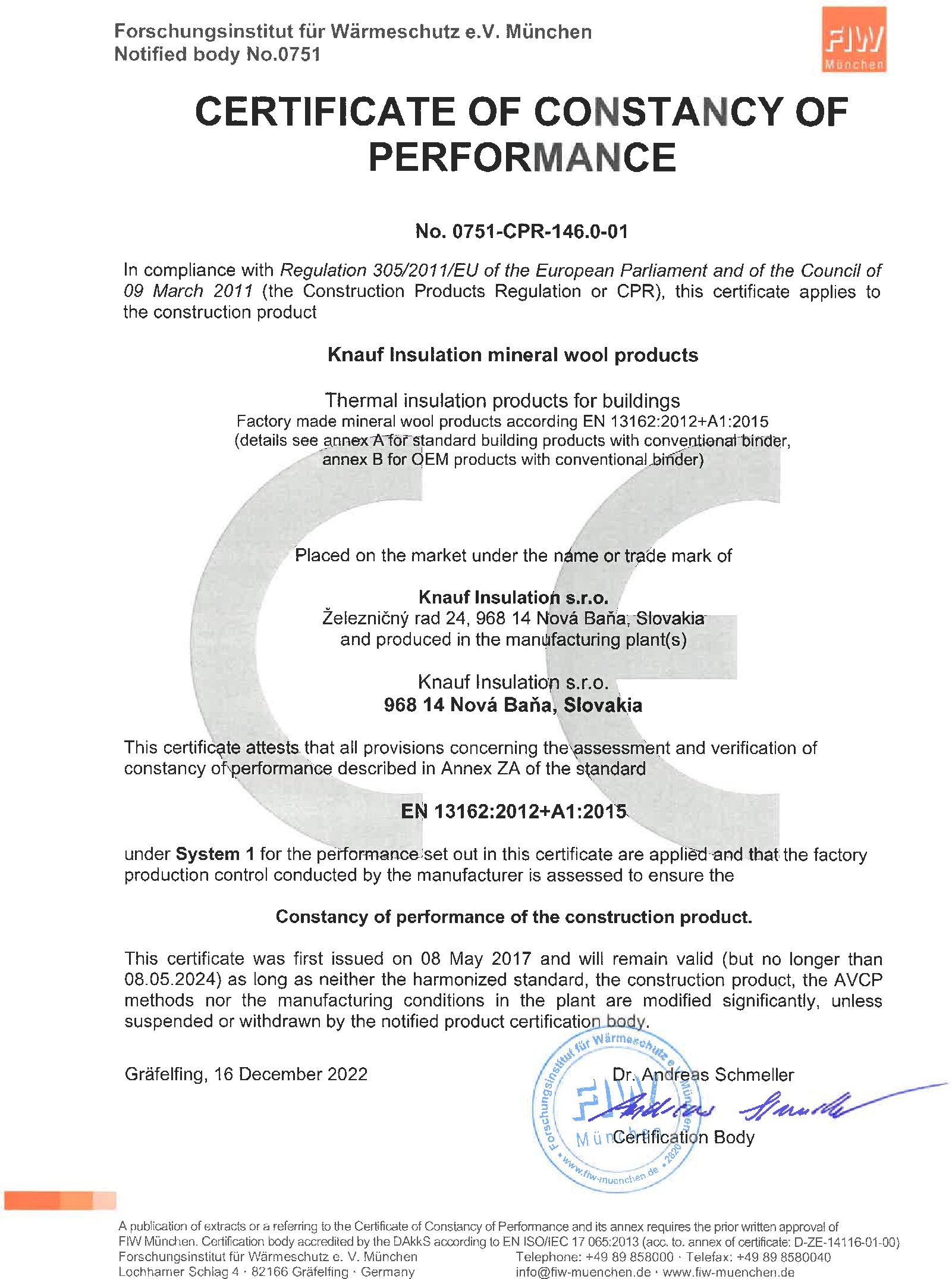CE certifikát Knauf Insulation Nová Baňa