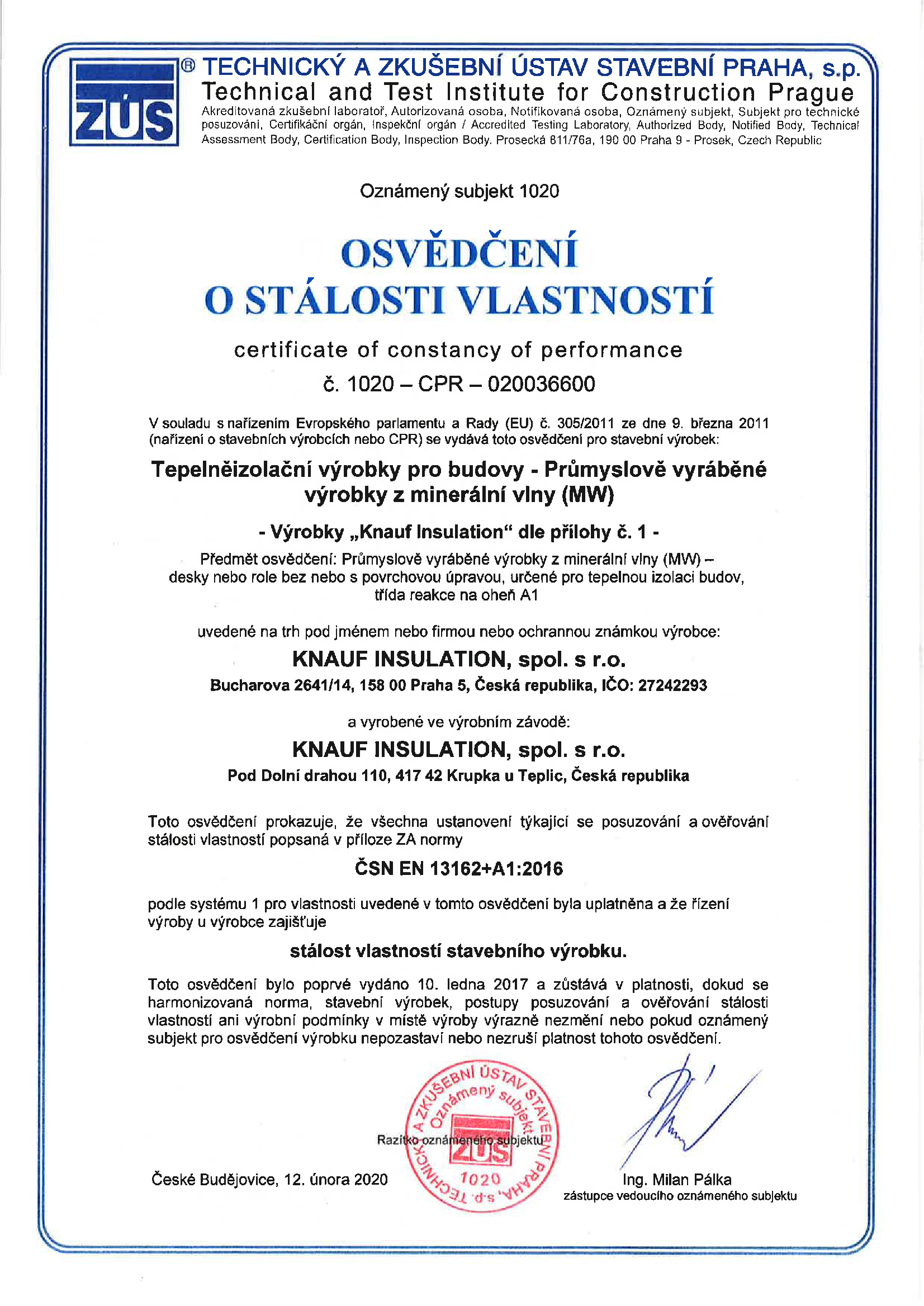 CE certifikát Knauf Insulation Krupka