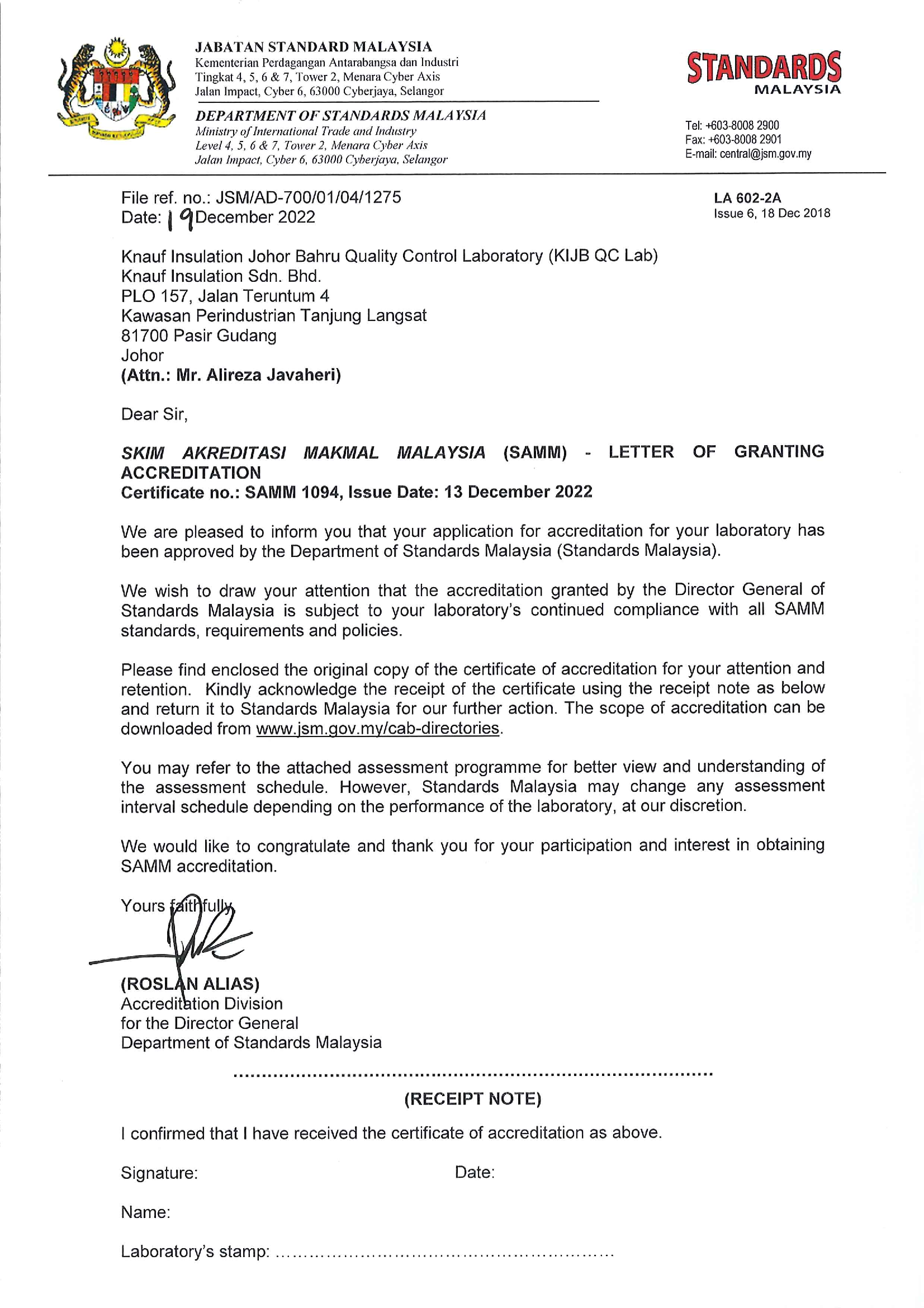 Standards Malaysia - KIJB QC LAB Certificate of Accreditation