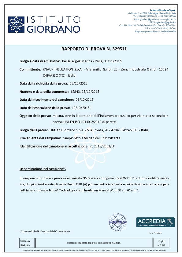 Certificato Acustico_Mineral Wool 35_2 lastre gkb per lato 1 lastra gkb interna 2 MW35 60 mm