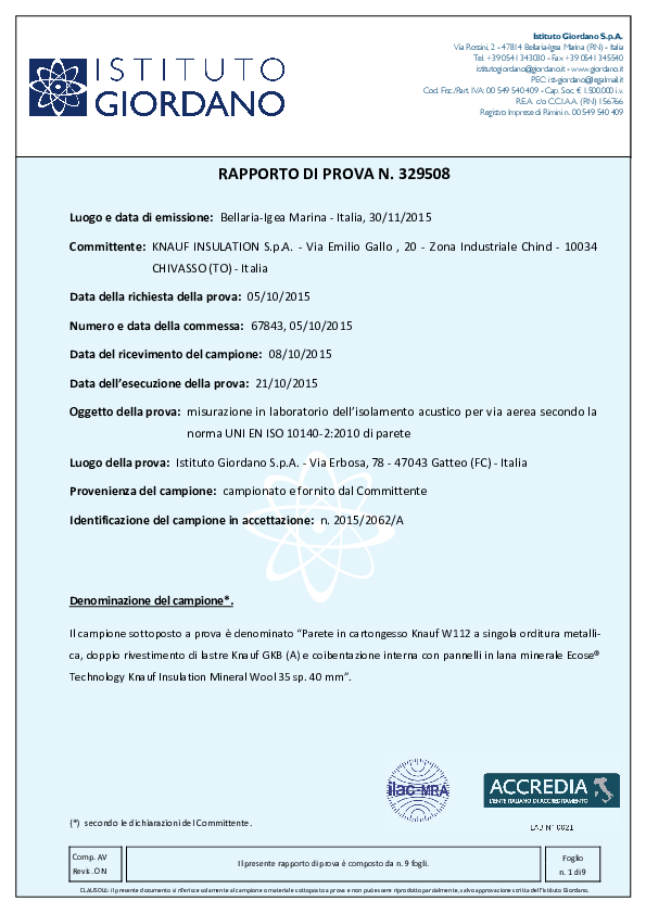 Certificato Acustico_Mineral Wool 35_2 lastre gkb per lato MW35 40 mm