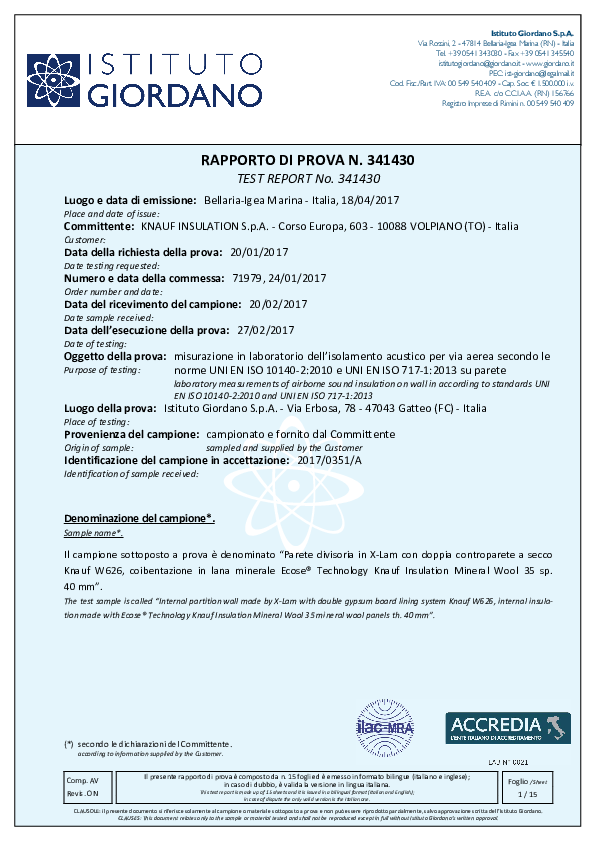 Certificato Acustico_Mineral Wool 35_Parete divisoria X-Lam + doppia controparete MW35 40 mm