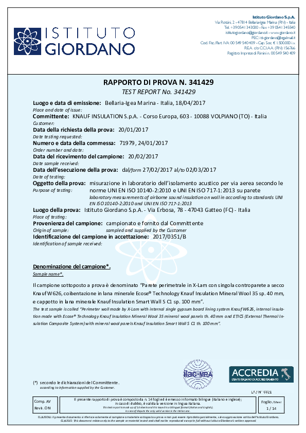 Certificato Acustico_Mineral Wool 35_Parete perim. X-Lam + controparete MW35 40 mm + SW S C1 100 mm