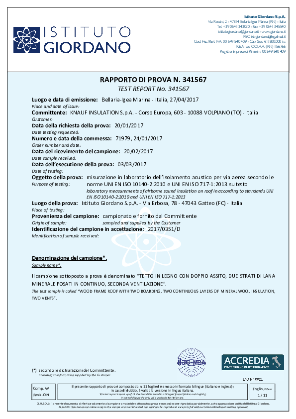 Certificato Acustico_SmartRoof Top_Copertura a falde SR Thermal 80 mm + SR Top 100 mm
