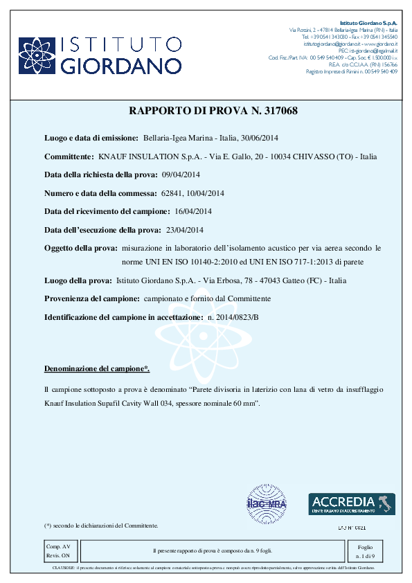 Certificato Acustico_Supafil Cavity Wall 034_Parete 12+8+6 cm di Supafil in intercapedine