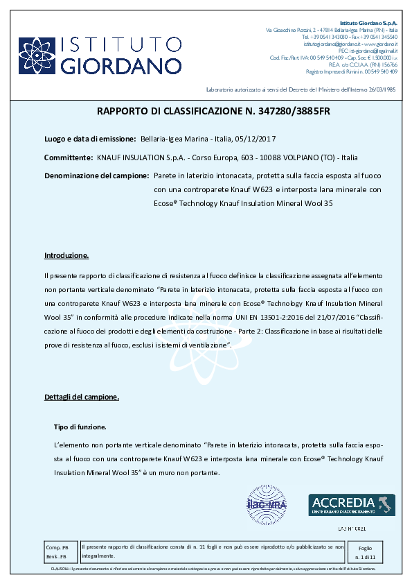 Certificato Fuoco_Mineral Wool 35_Controparete W623 su forato 80 mm MW 35 40 mm_Rapp. classificazion