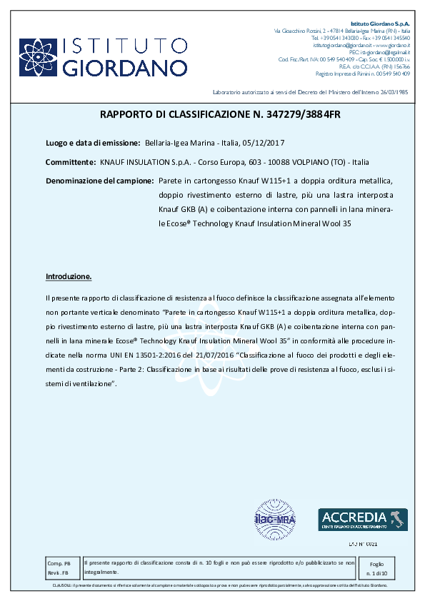 Certificato Fuoco_Mineral Wool 35_Parete W115+1 MW 35 60+60 mm_Rapp. classificazione