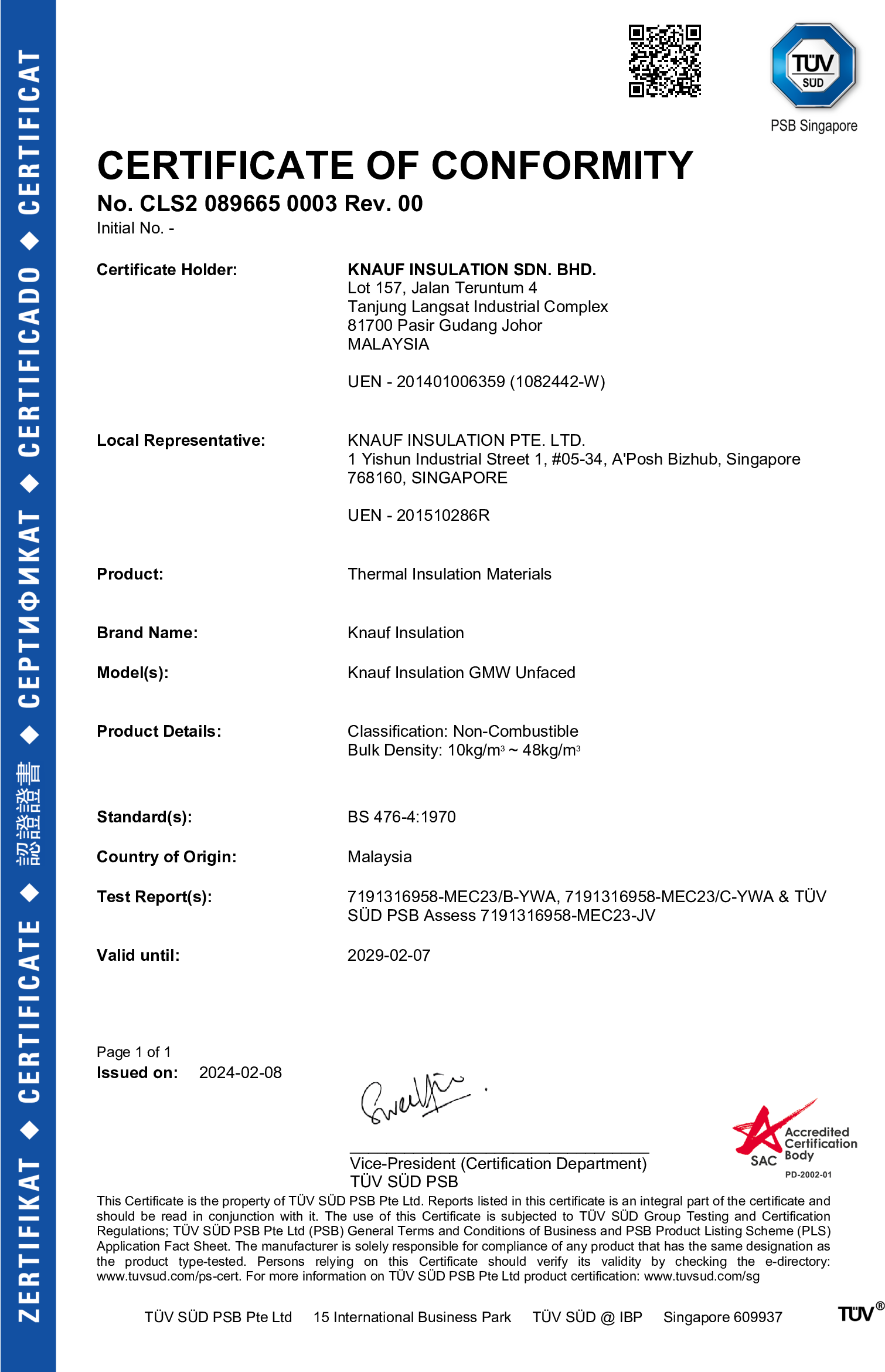 Unfaced Glasswool – Certificate of Conformity – 10-48kg/m3_50mm_ BS476-Part 4