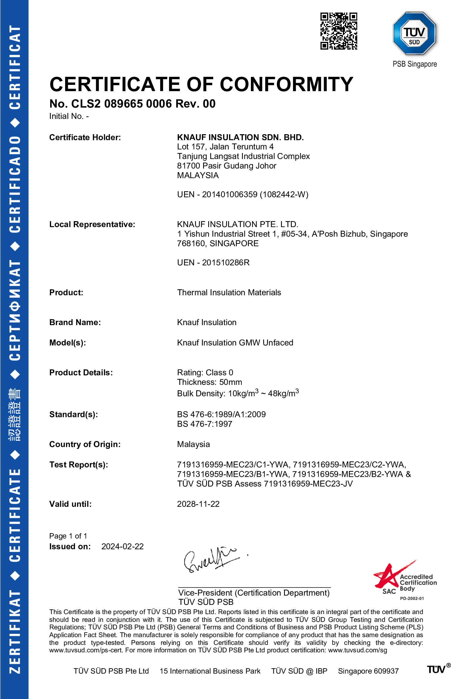 Unfaced Glasswool - Certificate of Conformity – 10-48kg/m3_50mm_ BS476-Part 6 & 7