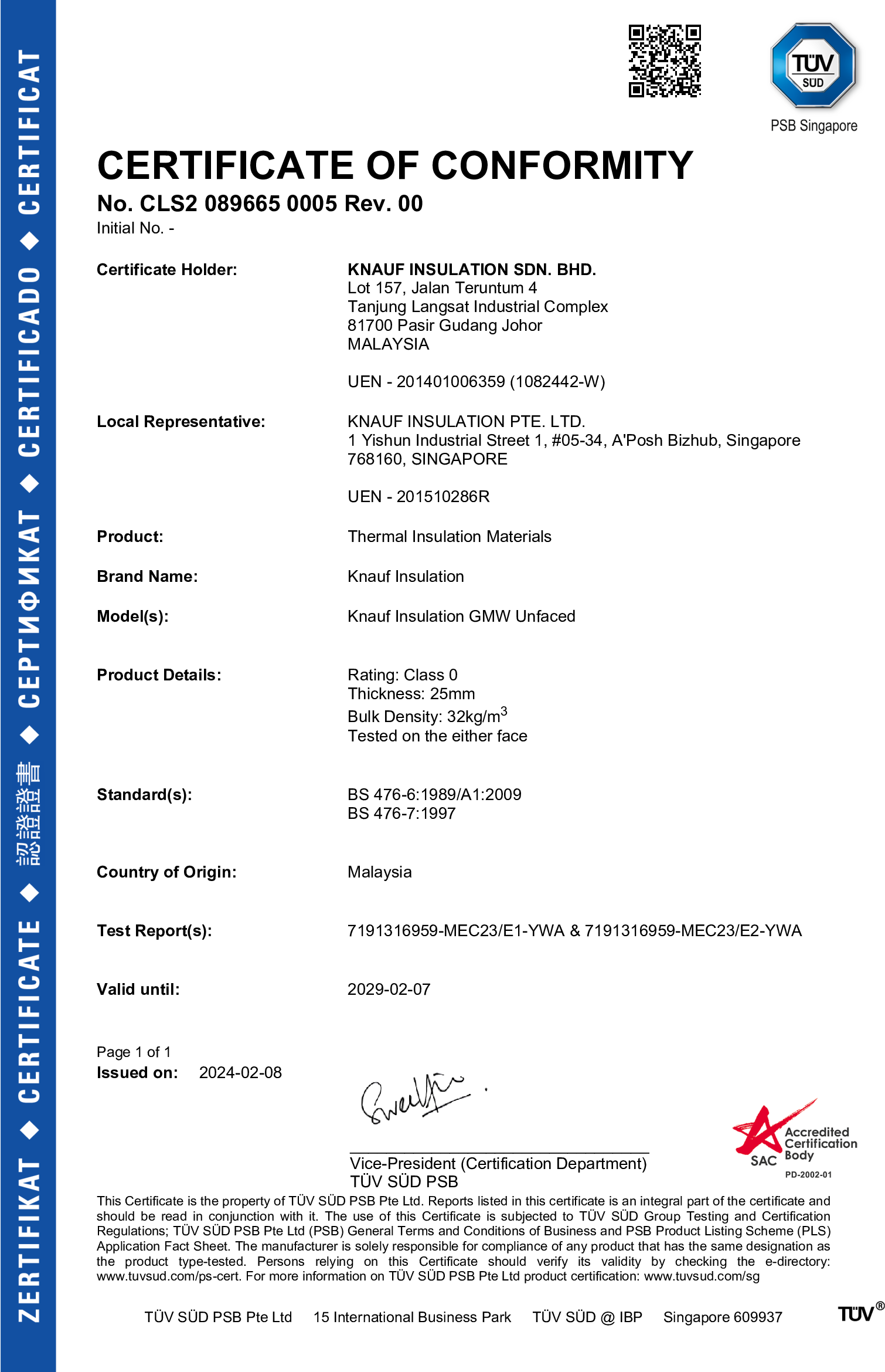 Unfaced Glasswool – Certificate of Conformity – 32kg/m3_25mm_BS476-Part 6 & 7