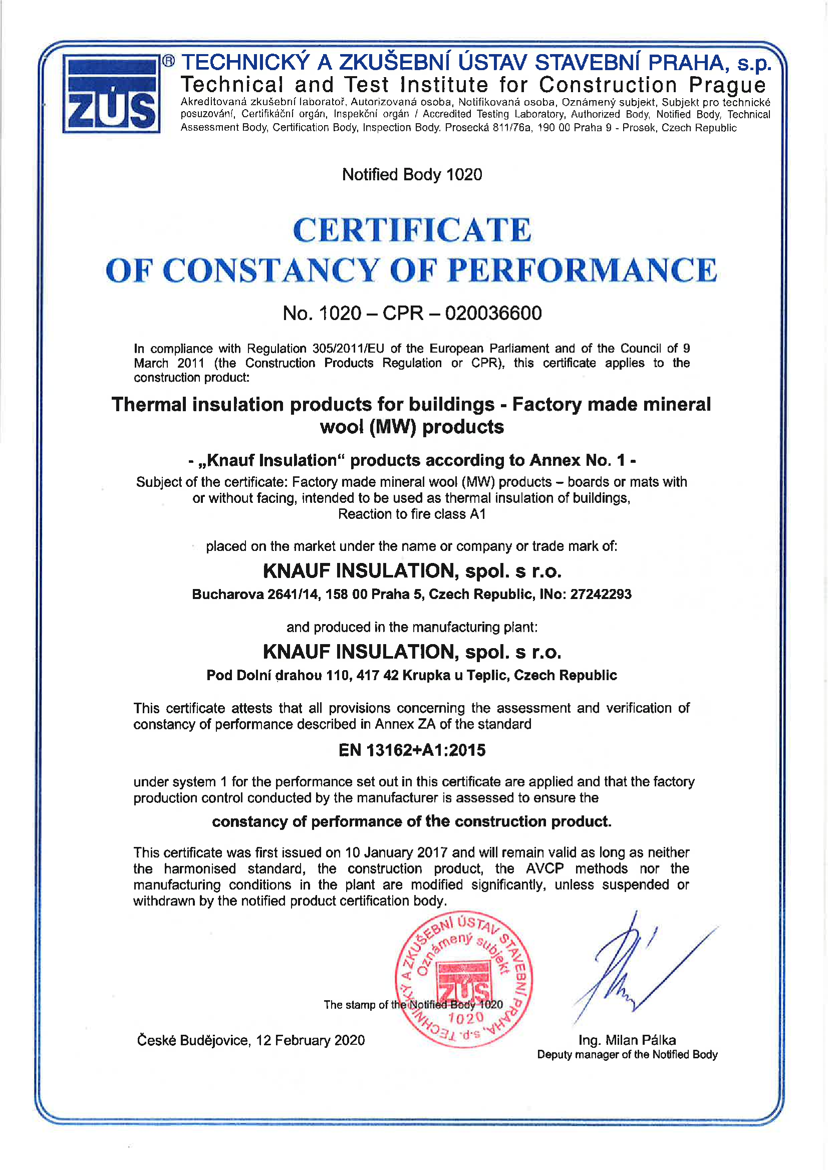 Certificat de performanta al produselor 0200366600