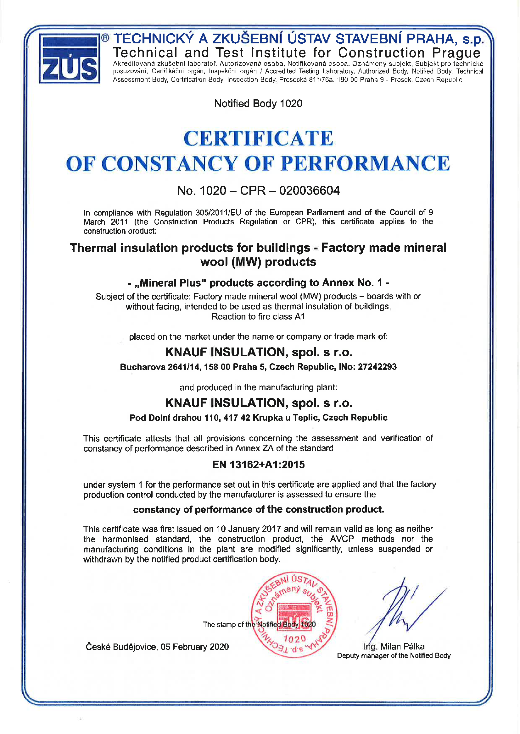Certificat de performanta al produselor Mineral Plus 020036604