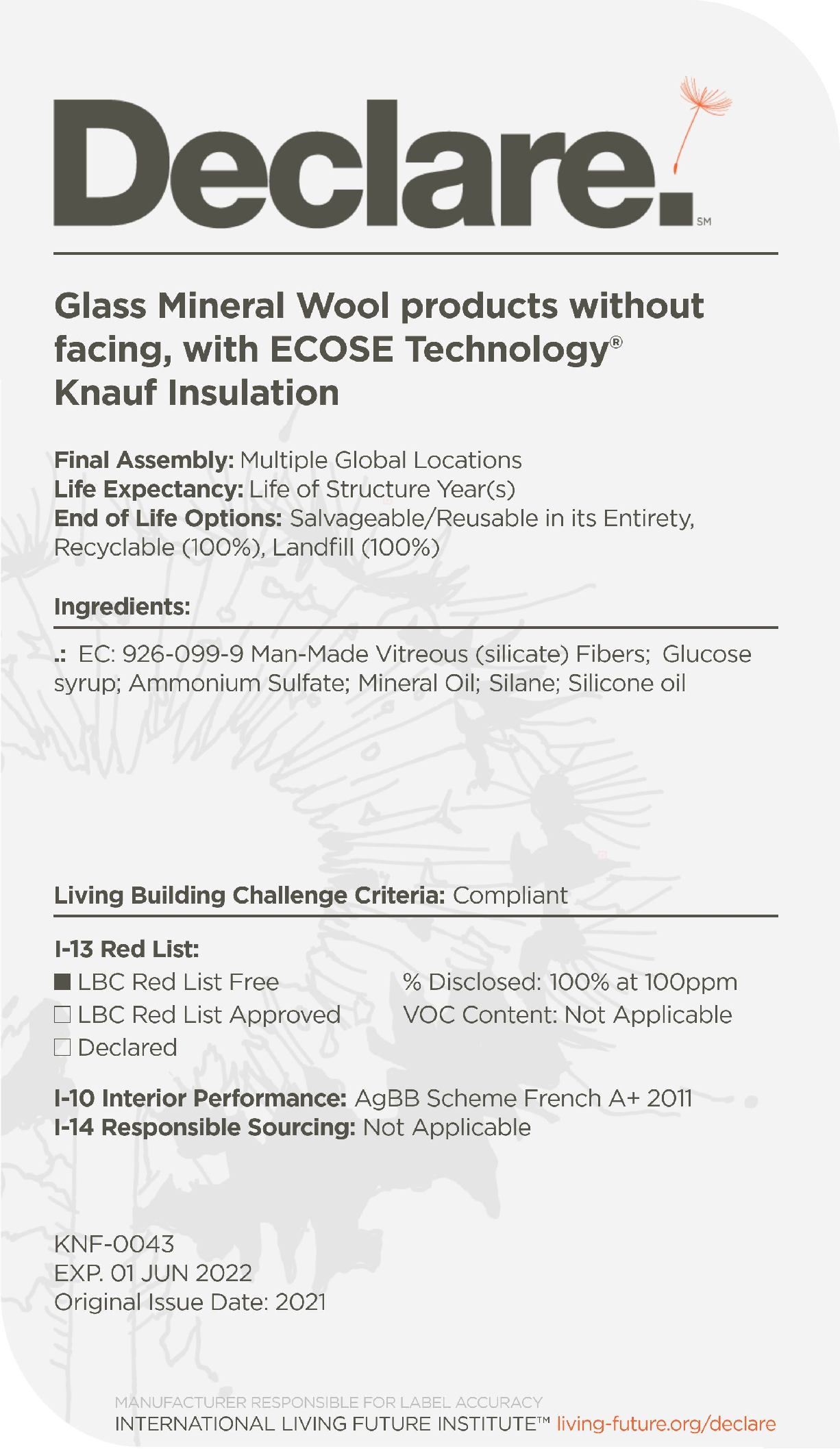 Certifikát Declare - Skelná vlna s Ecose technology