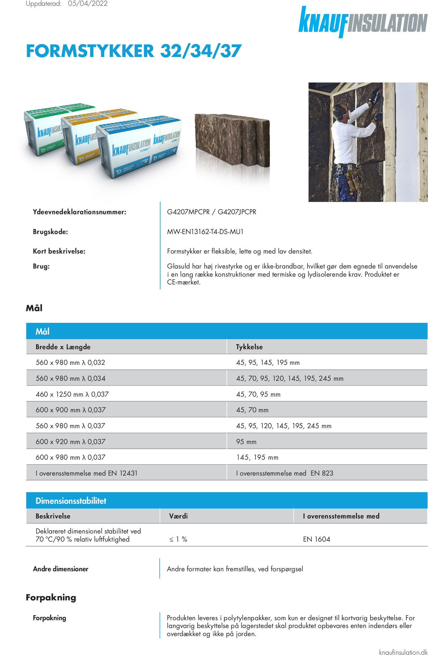 Produktdatablad Formstykker Ecobatt, L32, L34 og L37