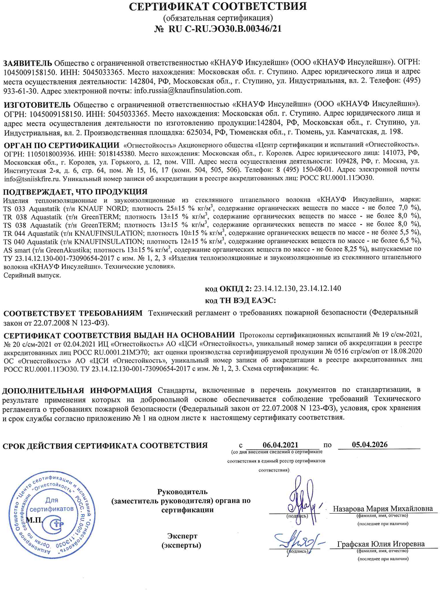 КНАУФ NORD: Сертификат пожарной безопасности