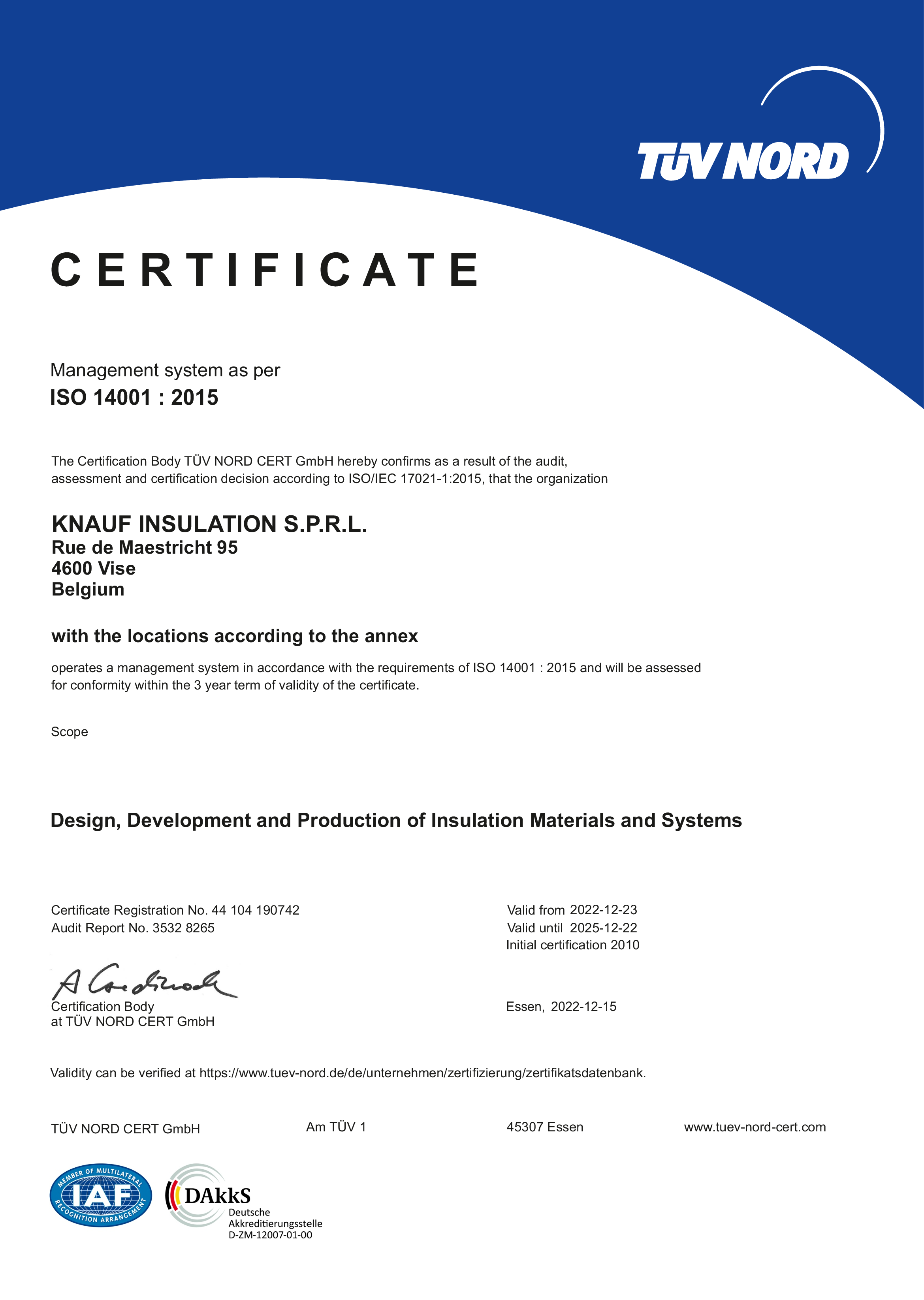 ISO 14001 Certificate Knauf Insulation