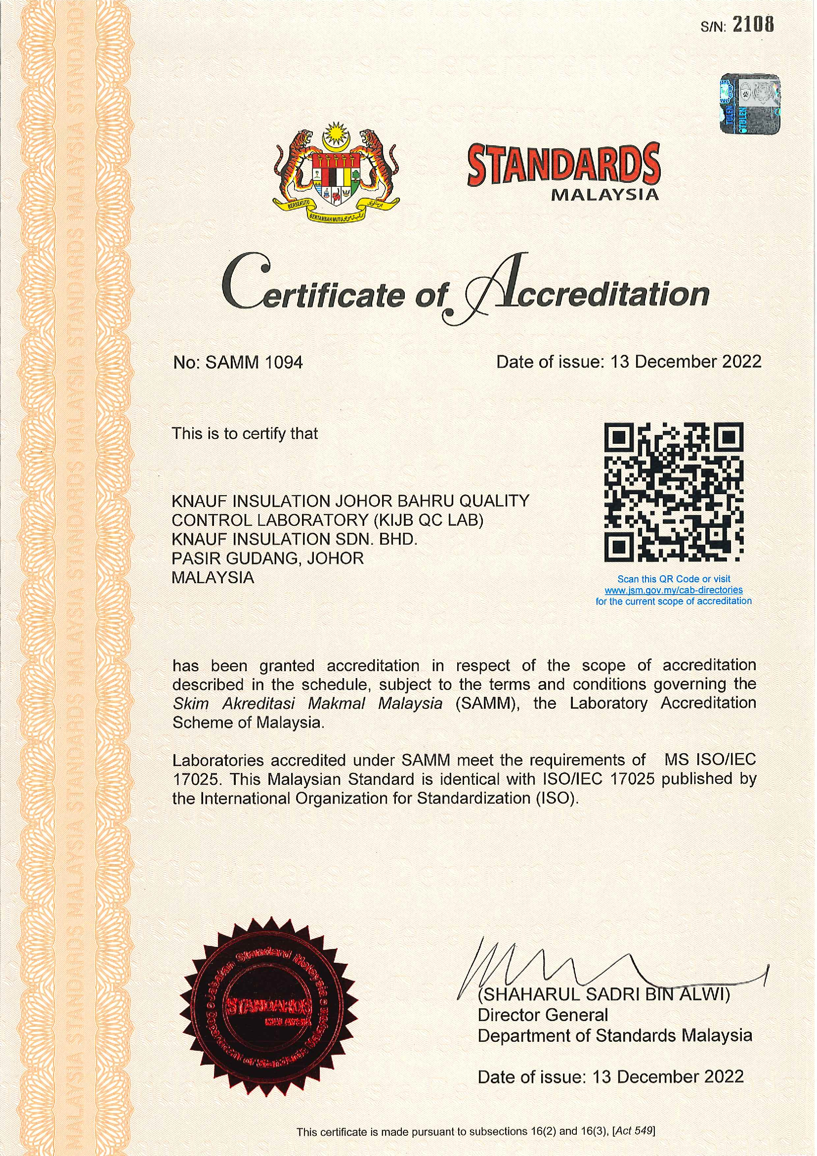 Standards Malaysia Certificate of Accreditation