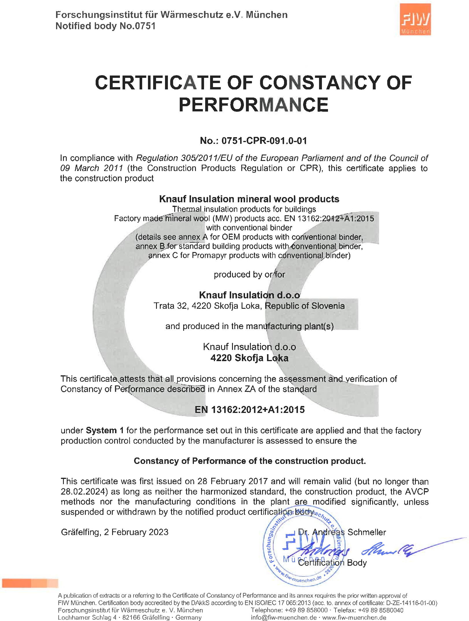 Certificate of constancy of performance - 0751-CPR-091.0-01 - Skofja Loka - 02_02_2023
