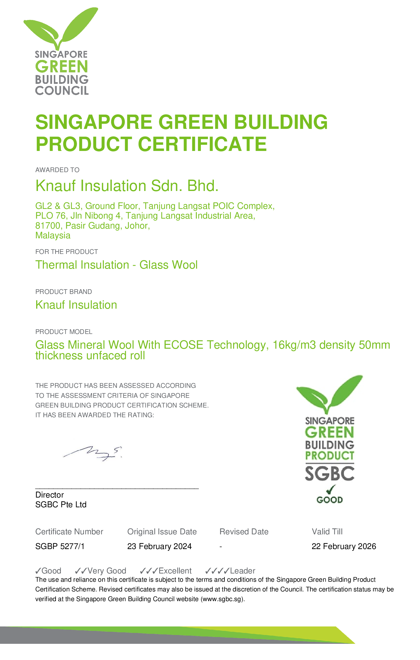 Singapore Green Building Product Certificate – Unfaced Glasswool – 16kg/m3 - 50mm