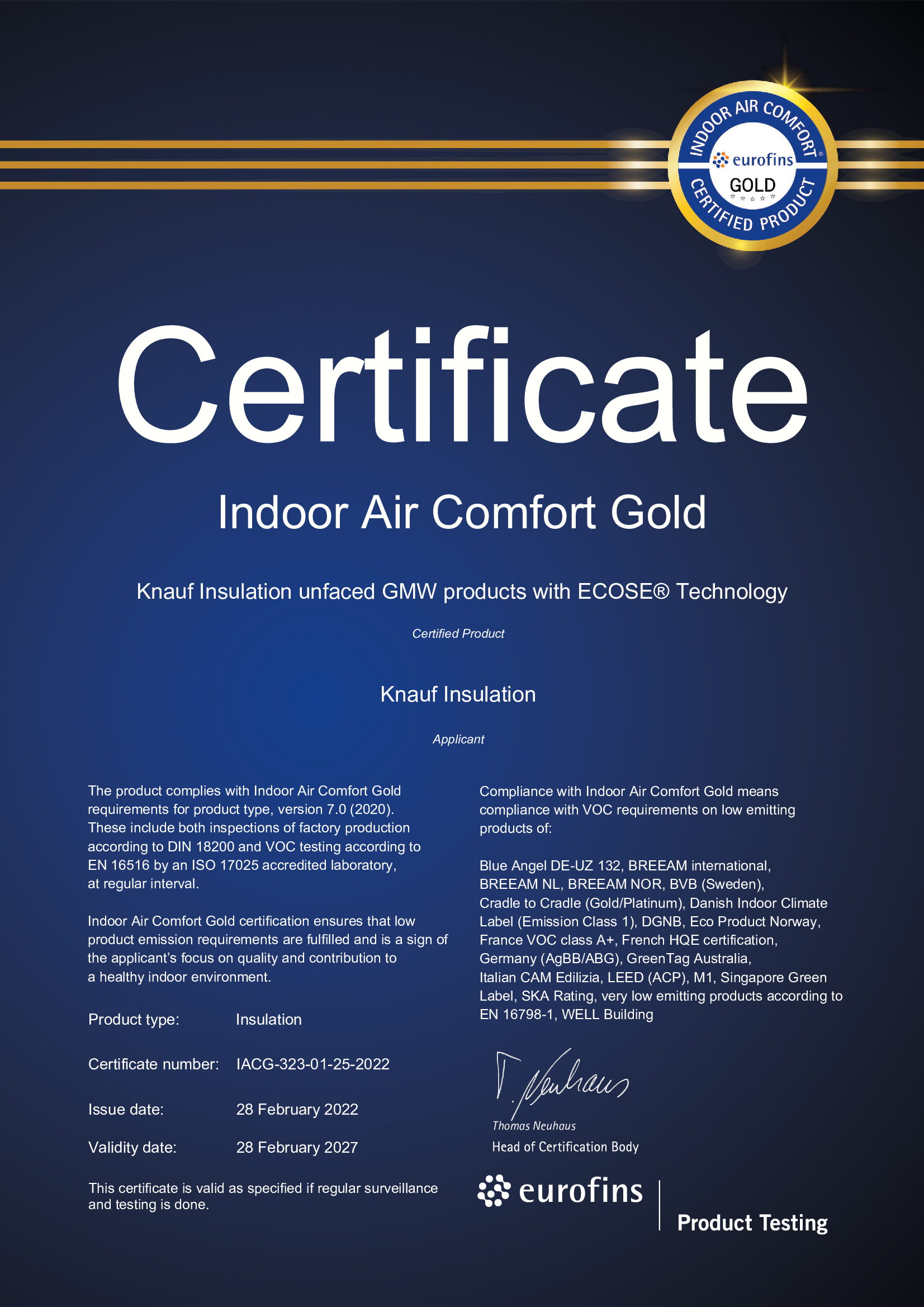 Eurofins Indoor Air Comfort (Gold) Certification - Unfaced GMW