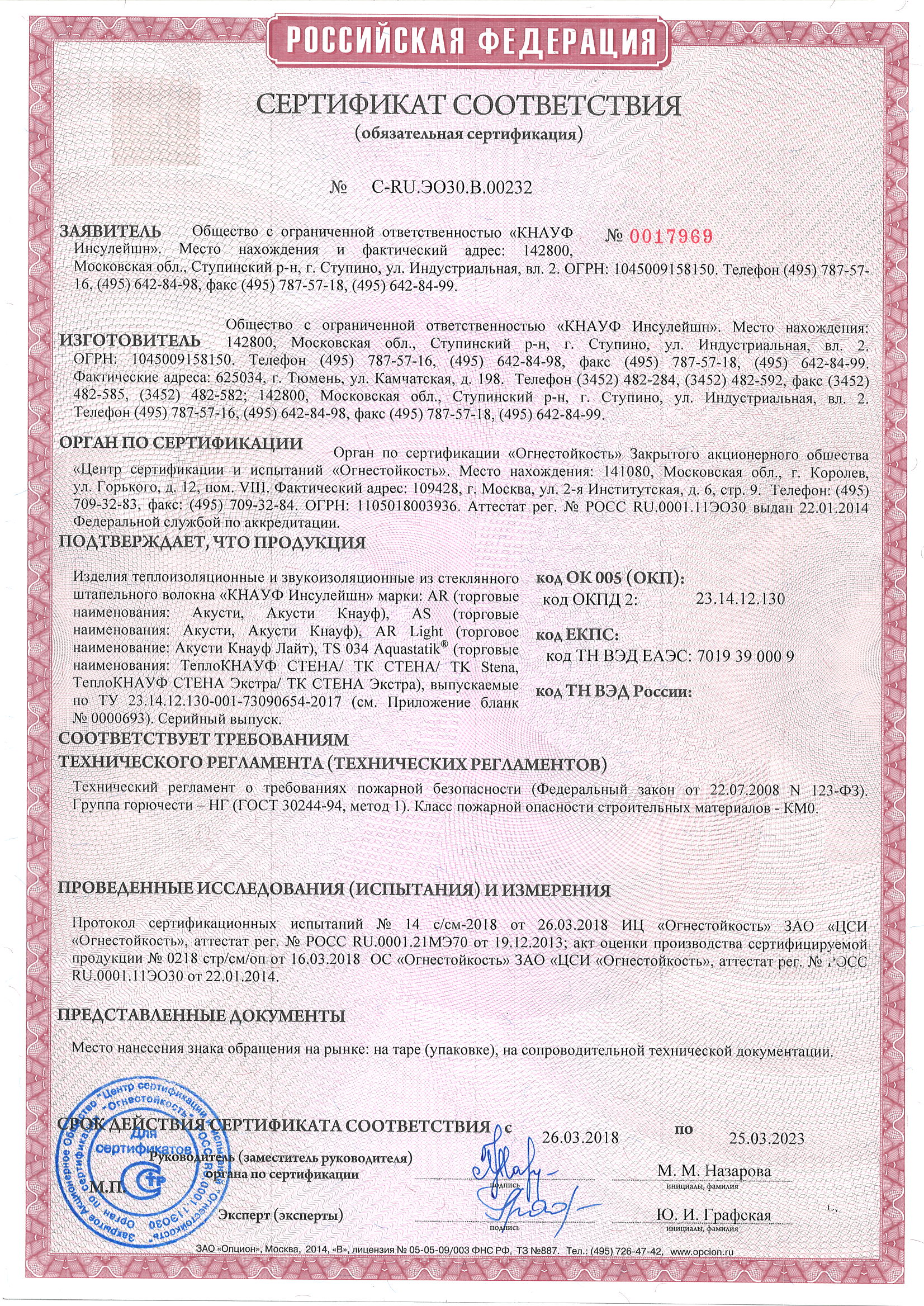 АкустиКНАУФ, АкустиКНАУФ Слим: Сертификат пожарной безопасности