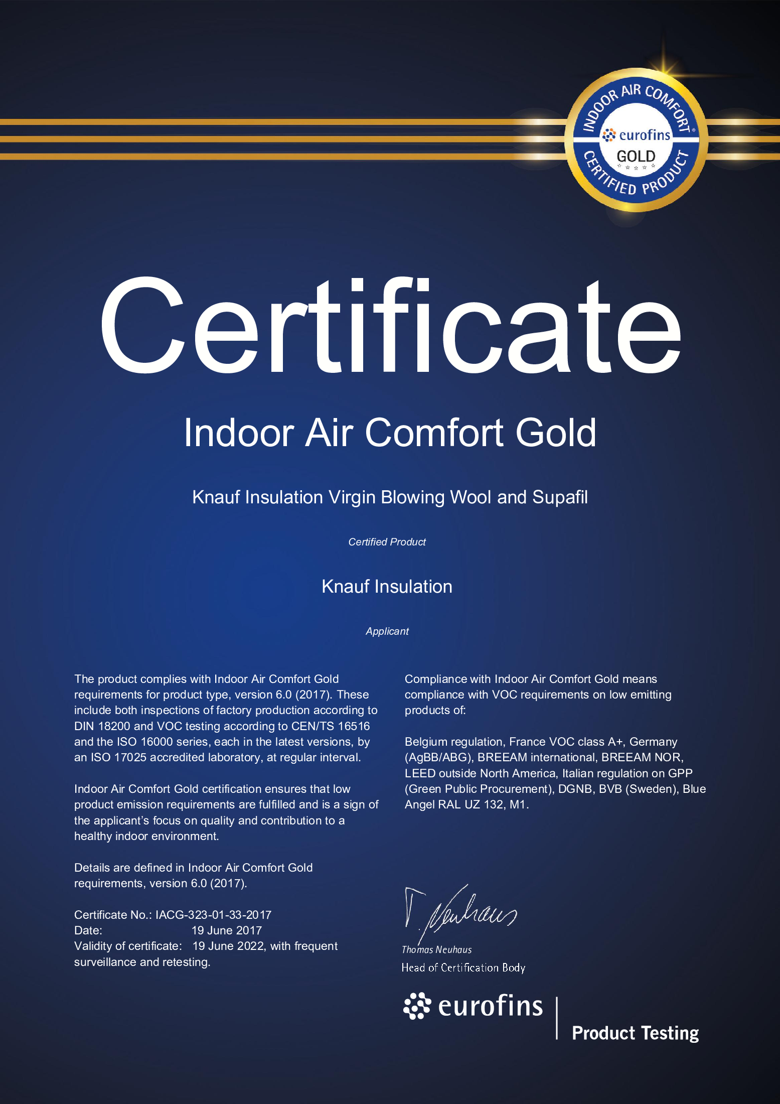 Indoor Air Comfort Gold Certificate - Supafil Blowing Wool