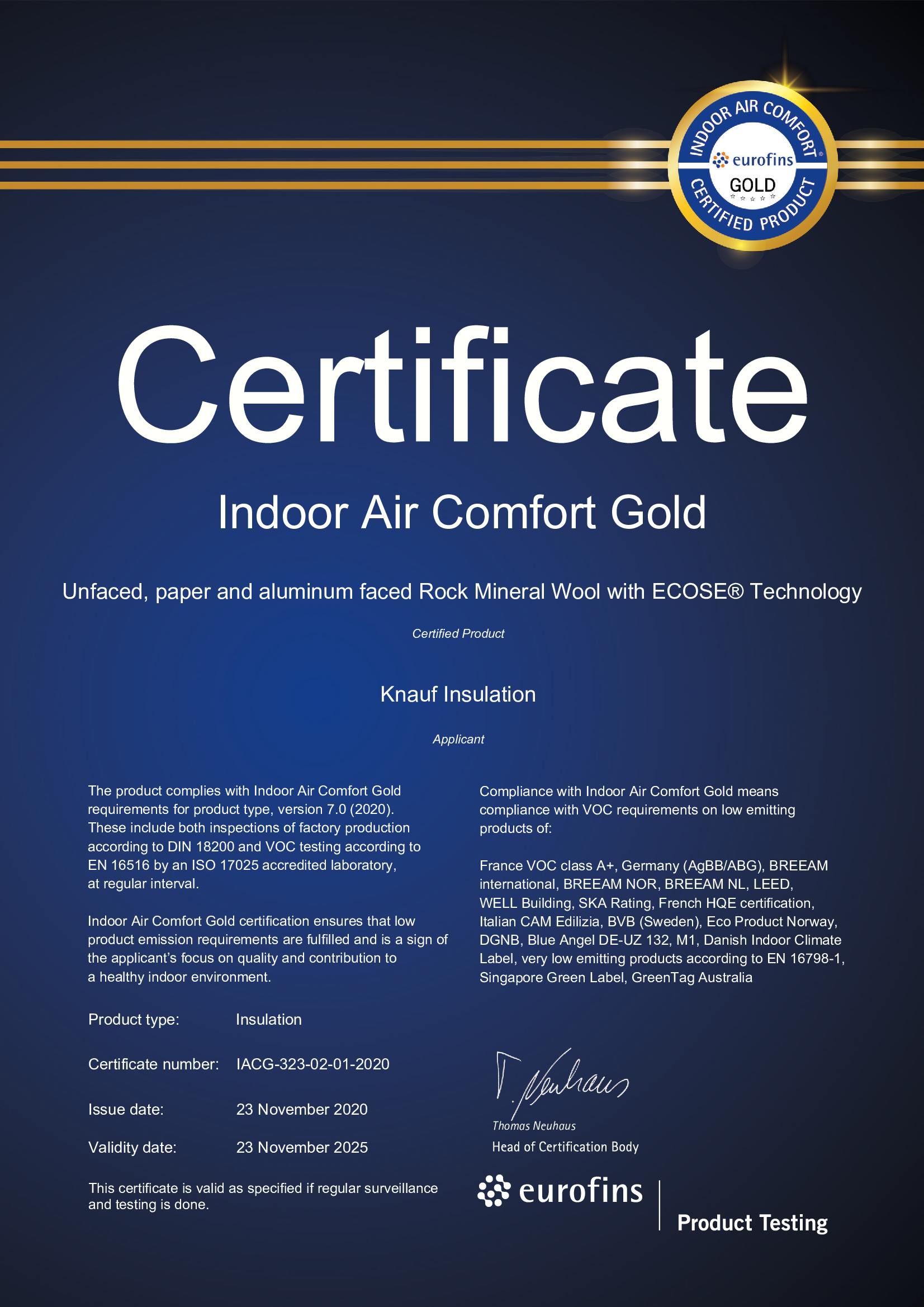 Indoor Air Quality (IAO) eurofins GOLD Novi Marof - Surdulica - Queensferry
