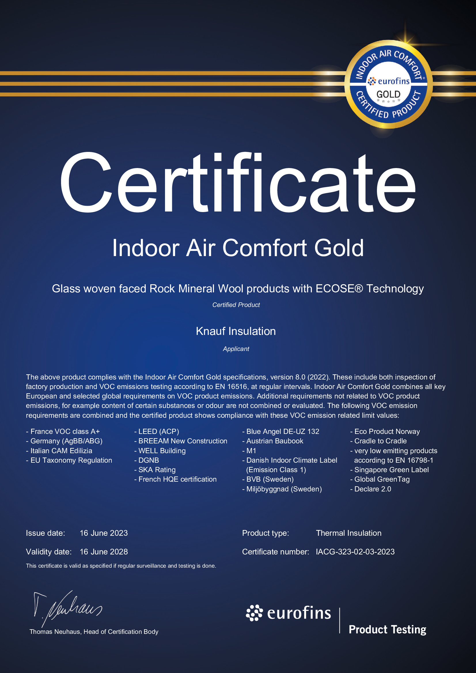 Indoor Air Quality (IAO) eurofins GOLD Novi Marof  (glas woven  RMW faced products)