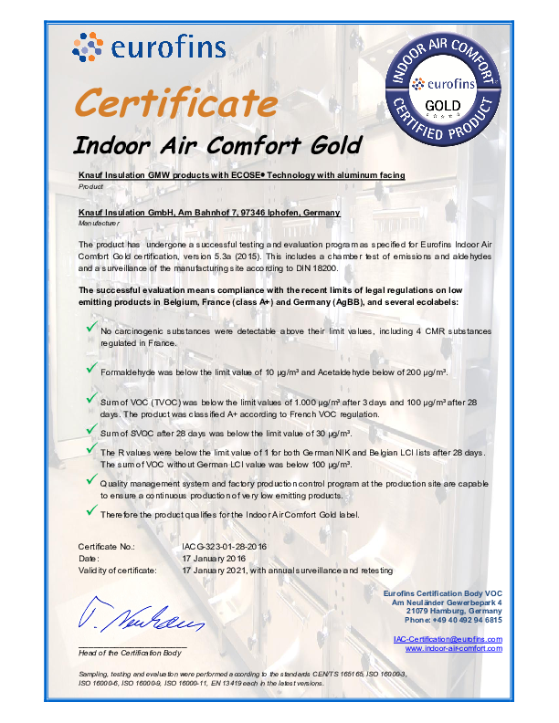 Certificat Eurofins - Vată minerală de sticlă caşerată cu foile de Alu