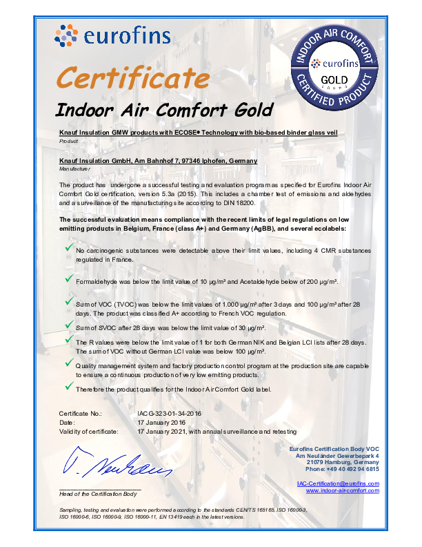 Certificat Eurofins - Vată minerală de sticlă caşerată cu textil