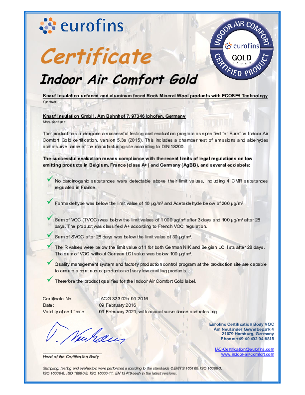 Certificat Eurofins - Vată minerală de bazaltică, cu ECOSE