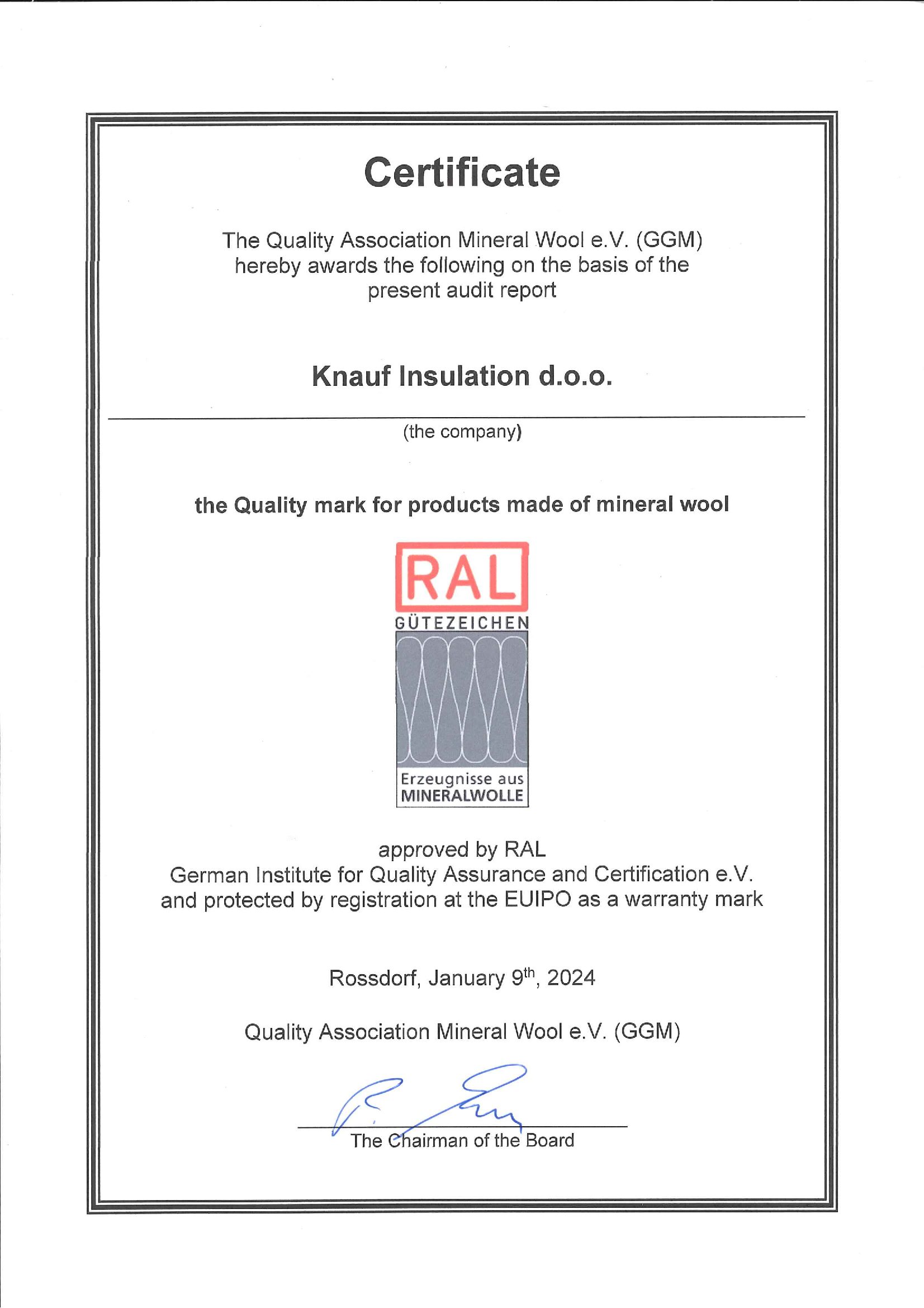 Certificate RAL for MW products