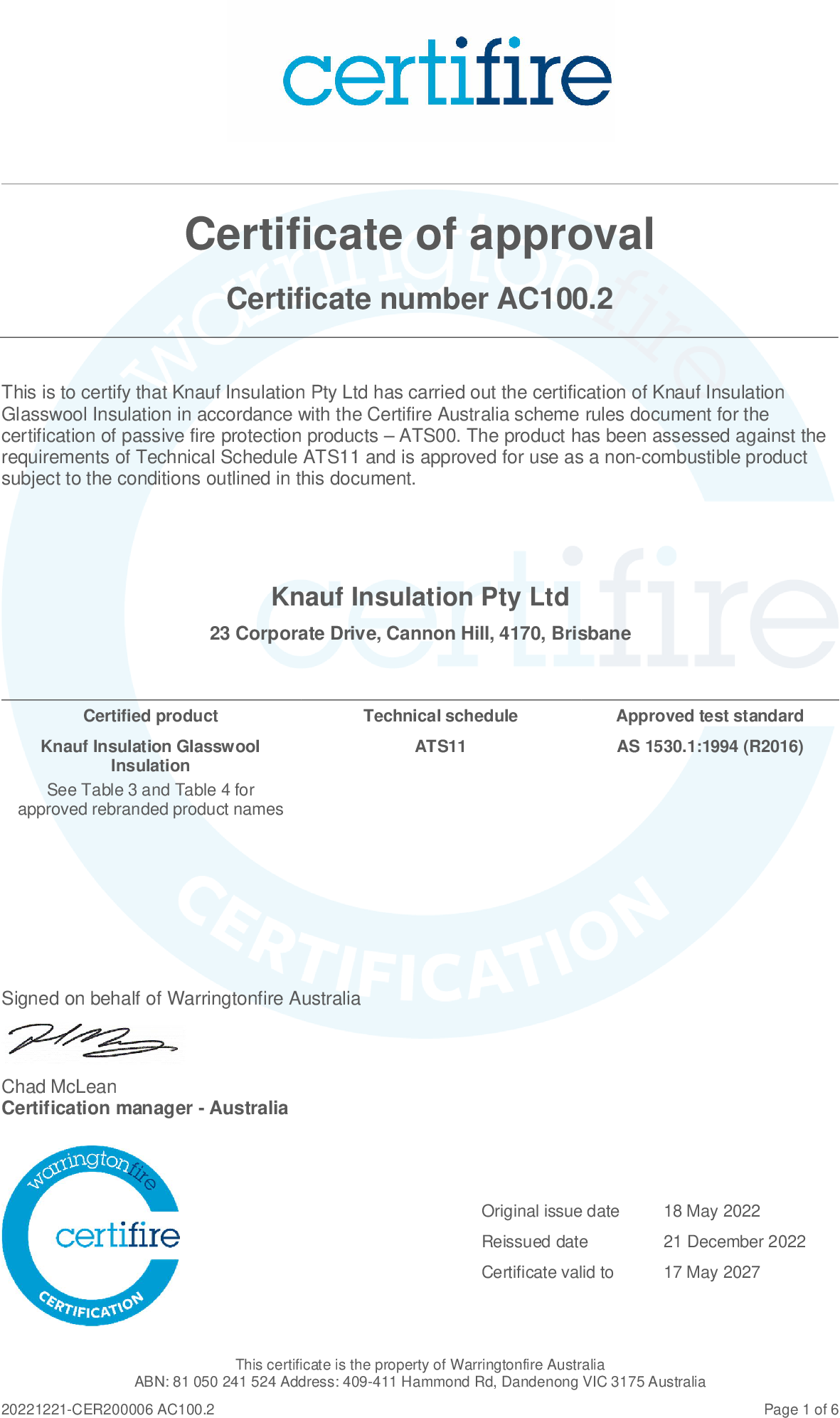 AS 1530.1 Non-combustible certification - Certifire - AC100.2