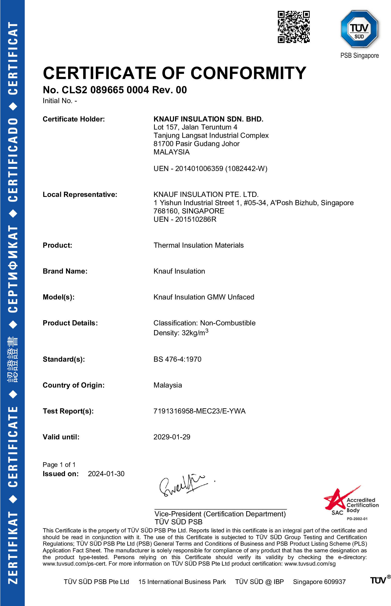 Unfaced Glasswool – Certificate of Conformity – 32kg/m3_25mm-BS476_Part 4