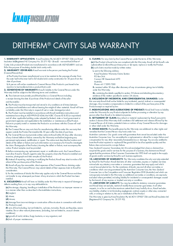 DriTherm Cavity slab warranty