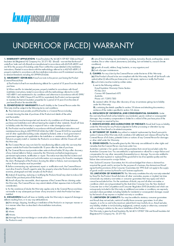 Earthwool Underfloor (Faced) warranty