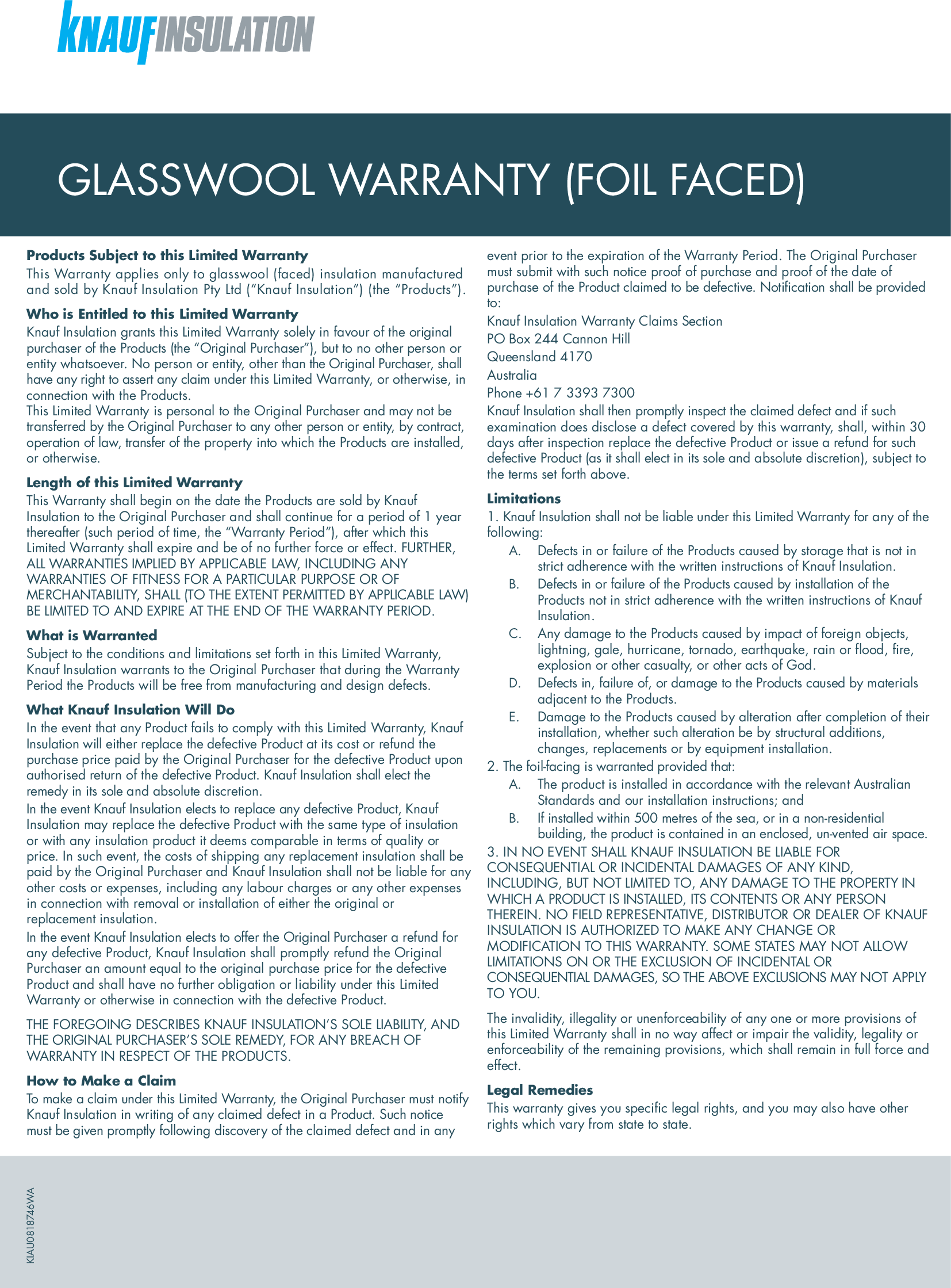 Foil Faced Glasswool warranty
