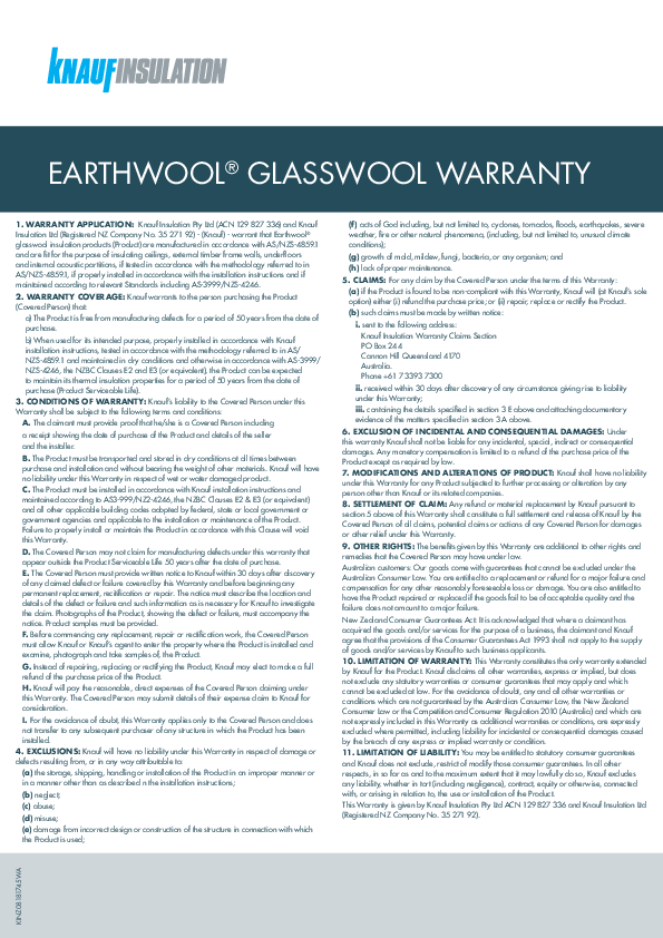 Earthwool glasswool warranty