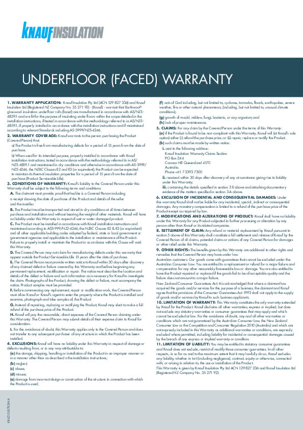 Underfloor (faced) warranty