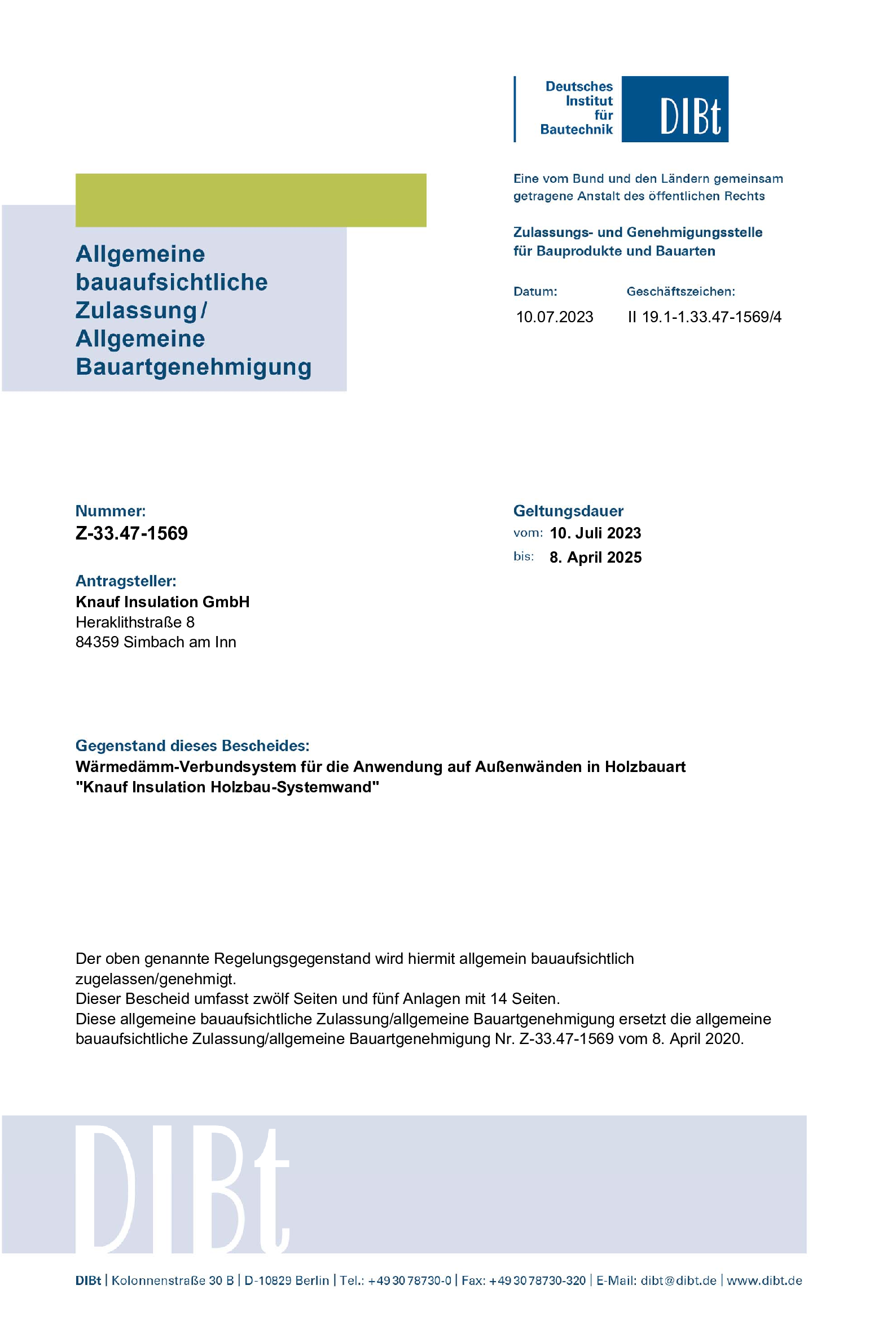 Allgemeine bauaufsichtliche Zulassung: Knauf Insulation Holzbau-Systemwand