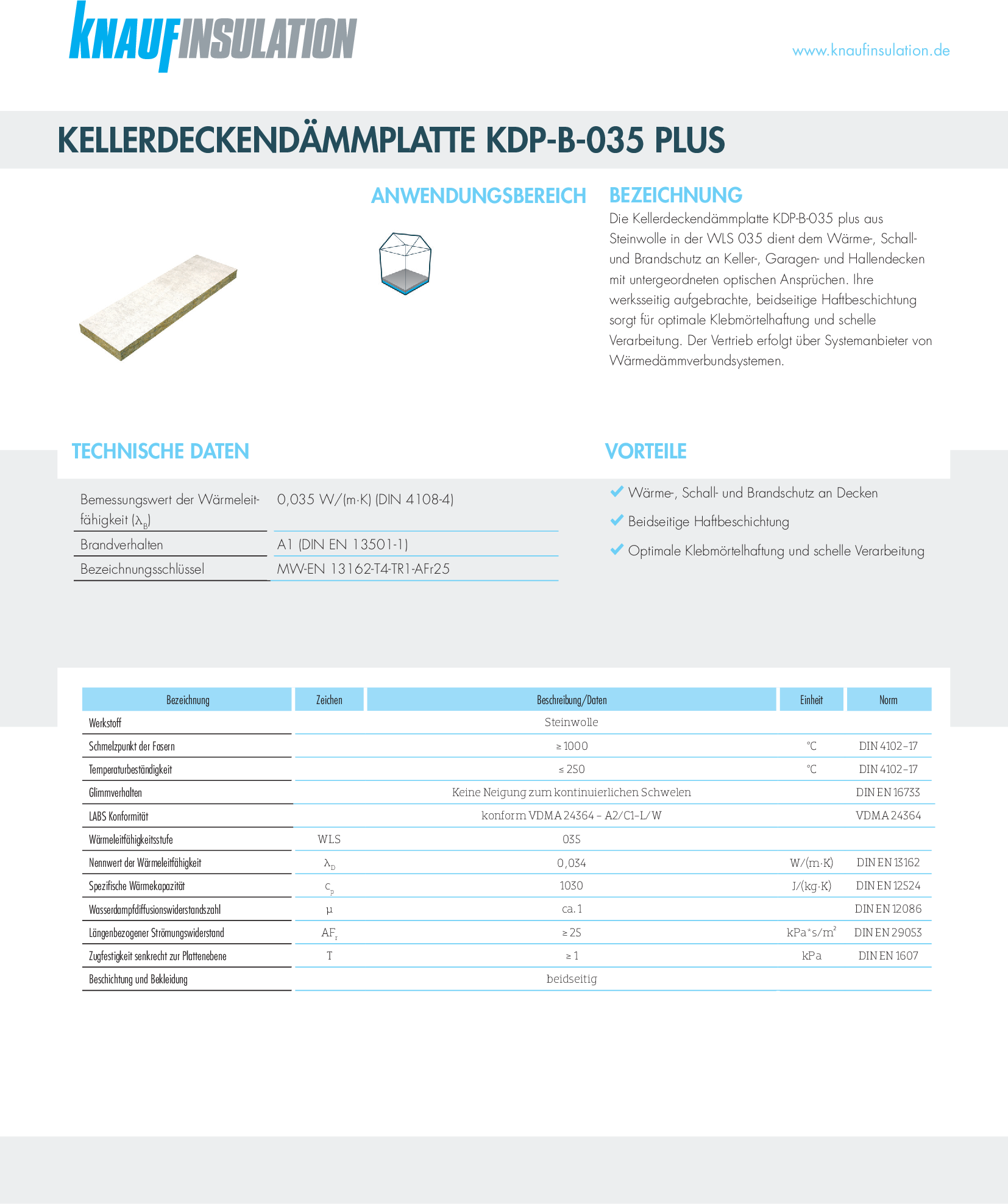 Datenblatt Knauf Insulation Kellerdeckendämmplatte KDP-B-035 plus