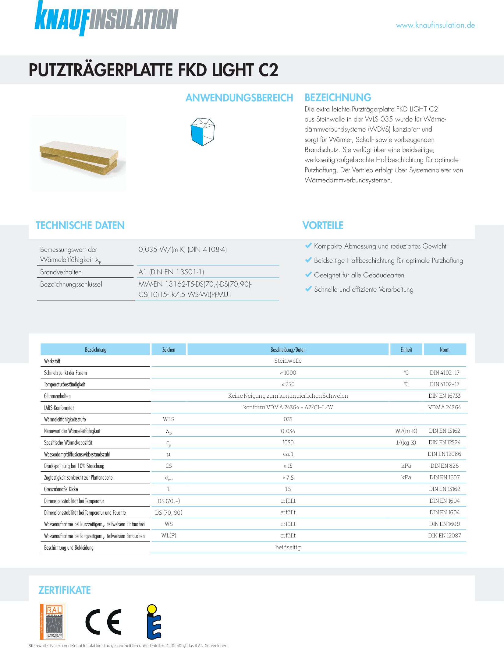 Datenblatt Knauf Insulation Putzträgerplatte FKD LIGHT C2