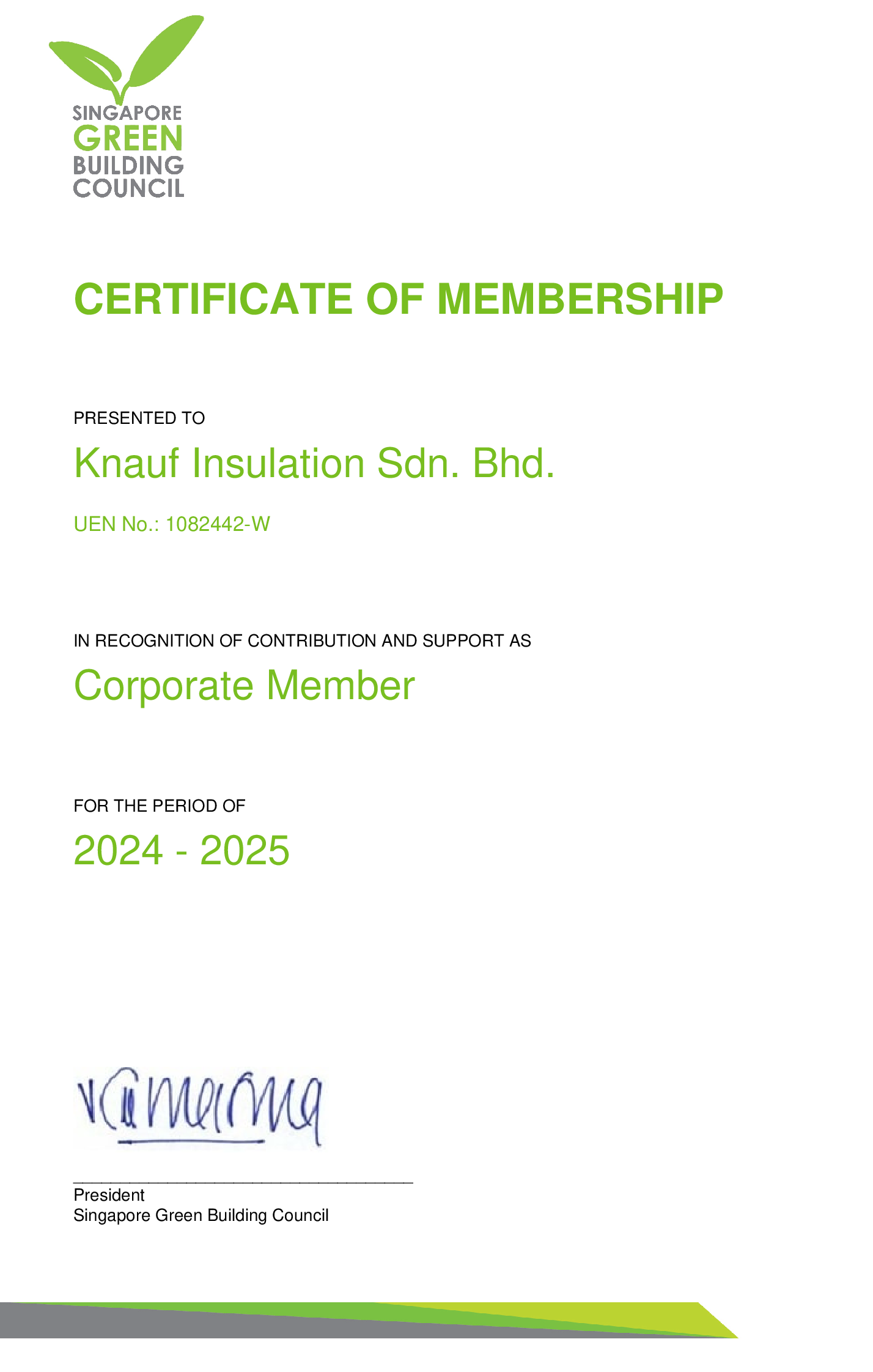 Singapore Green Building Council - Certificate of Membership