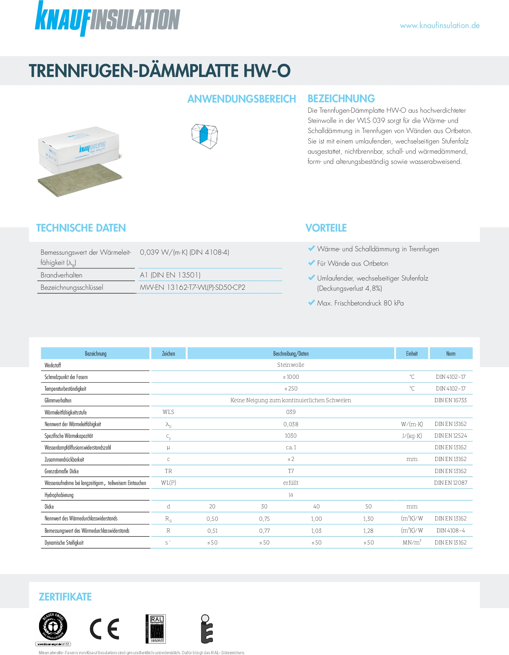 Datenblatt Knauf Insulation Trennfugen-Dämmplatte HW-O