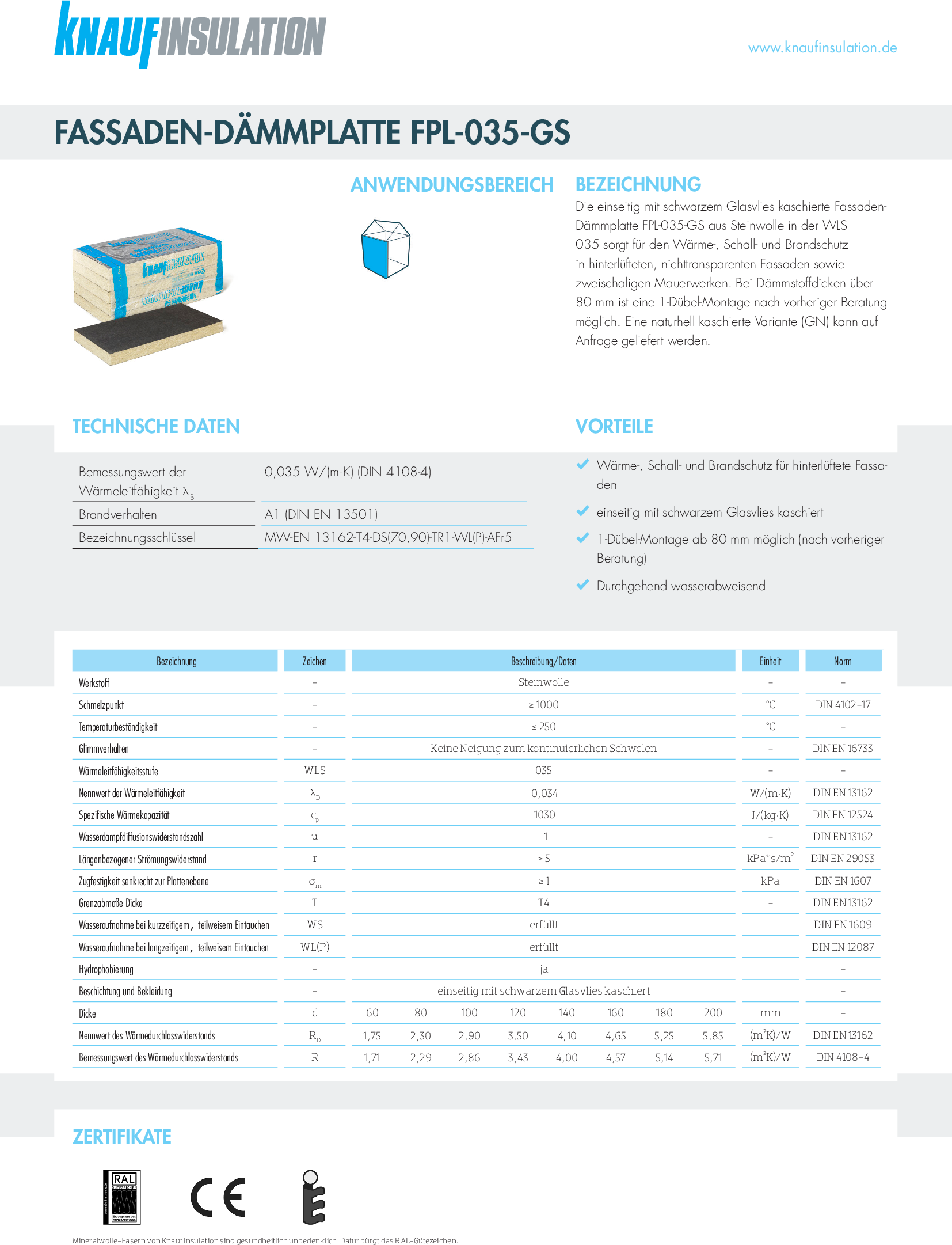 Datenblatt Knauf Insulation Fassaden-Dämmplatte FPL-035-GS