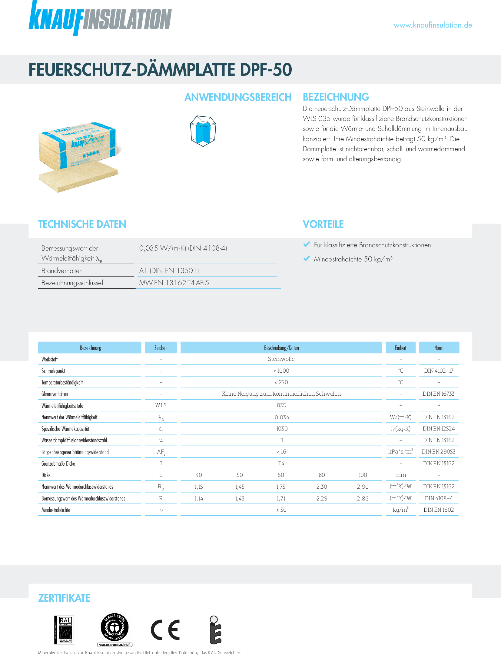 Datenblatt Knauf Insulation Feuerschutz-Dämmplatte DPF-50